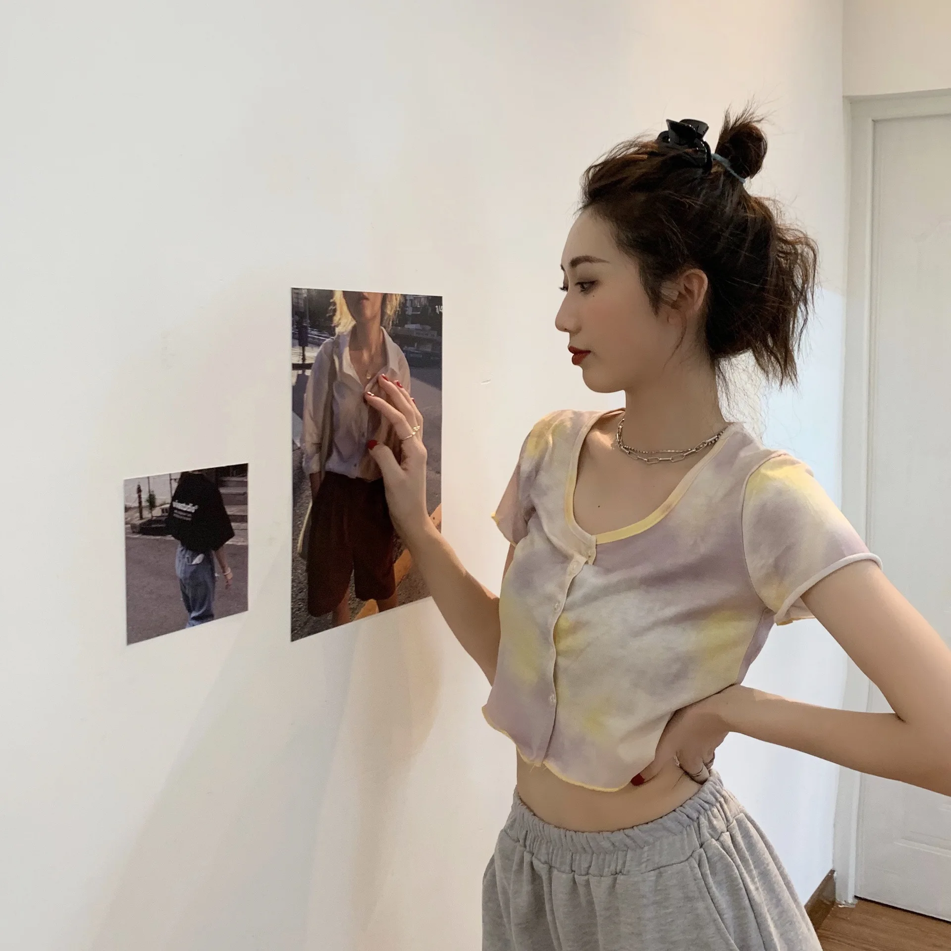 

Summer sweet tie-dye gradient printing Round collar cardigan short sleeve T-shirt women