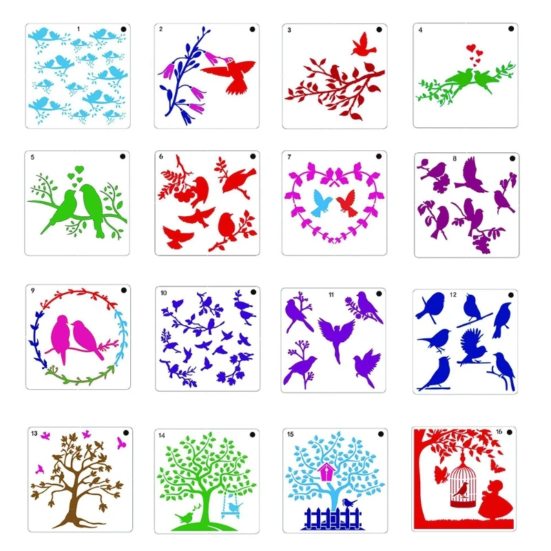 

16 пакетов многоразовые картина трафареты для рисования птицы наборы шаблонов для поделок DIY домашний декор искусство проектов картина X3UE