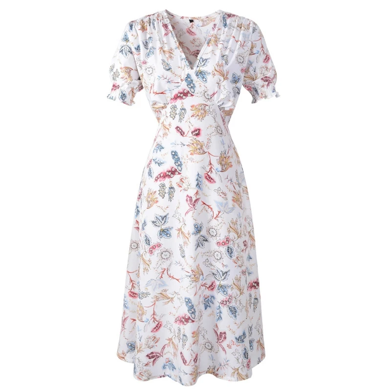 

Women Puff Short Sleeve Sexy V-Neck Bohemian Floral Print A-Line Midi Long Dress