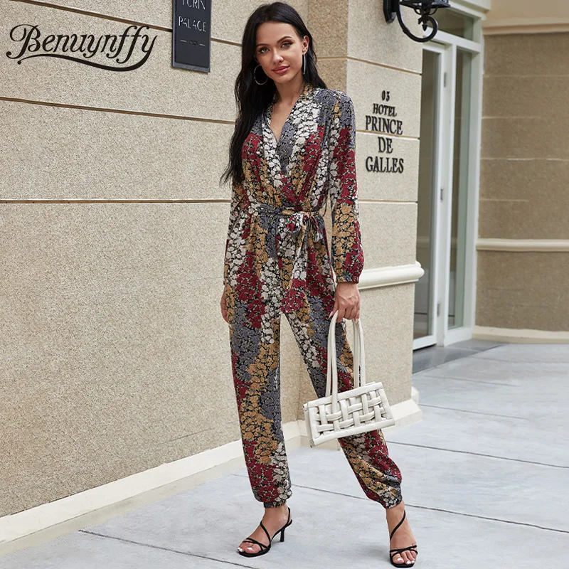 

Benuynffy Elegant Chiffon Print Surplice Neck Belted Jumpsuits Women V Neck Long Sleeve High Waist Jumpsuit Long Party Overalls