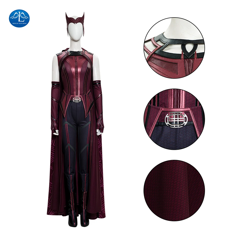 

Scarlet Cosplay Witch Costume Halloween Costumes Wanda Superheroine Maximoff Battle Outfit Red Women Suit Headwear