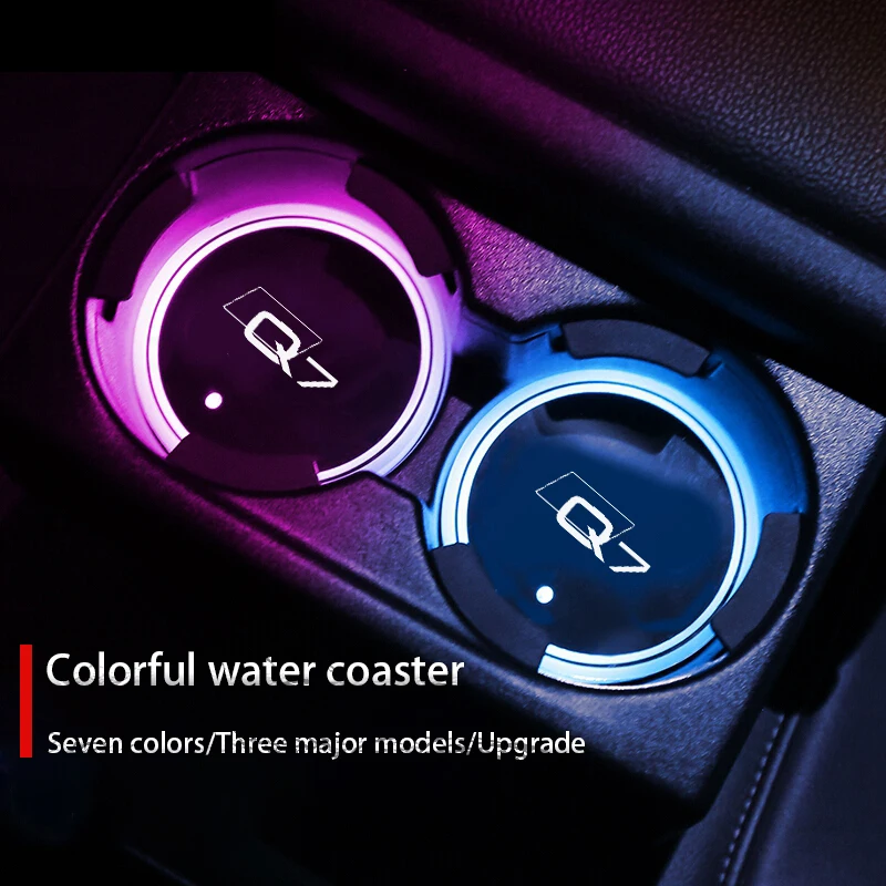 

7 Colorful USB Car Logo Led Atmosphere Light Cup Luminous Coaster Holder For Audi Q7 4MB SUV Quattro Auto Accessories