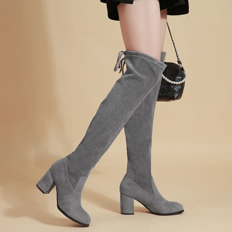 Autumn Winter Warm Over The Knee Boots Suede Short Plush Women's High Boots Long Tube Lace Up Elastic Fabric Women Boots Shoes