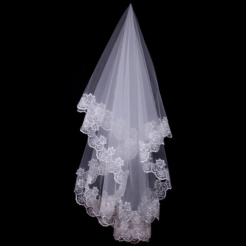 

Women 150cm Bridal Short Wedding Veil White One Layer Lace Flower Edge Appliques
