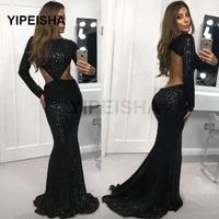 2021 new sexy spangle mermaid evening dress long sleeves backless high neck floor length prom party gown robe de soir%c3%a9e