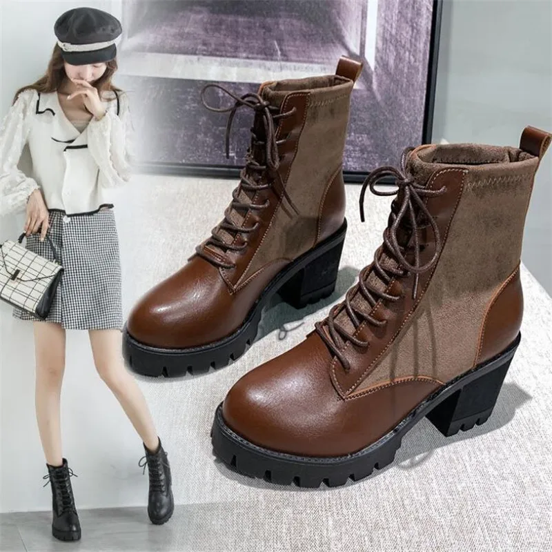 

2020 new riding boots women's shoes round toe thick heel lace-up mid-heel short boots thick-soled Chelsea women's boots