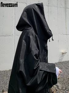 Nerazzurri Осень оверсайз длинная ветровка женская с капюшоном на молнии с длинным рукавом Большой размер рыхлый непромокаемый плащ женский тренч 4xl 5xl 6xl 7xl пальто женское в корейком стиле, верхняя одежда женская