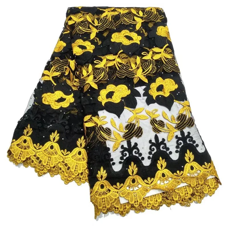 

YELLOW/black African Lace Fabric High Quality Lace STONES French Net Lace Tulle Mesh Fabrics Swiss Voile Lace Wedding Fabrics