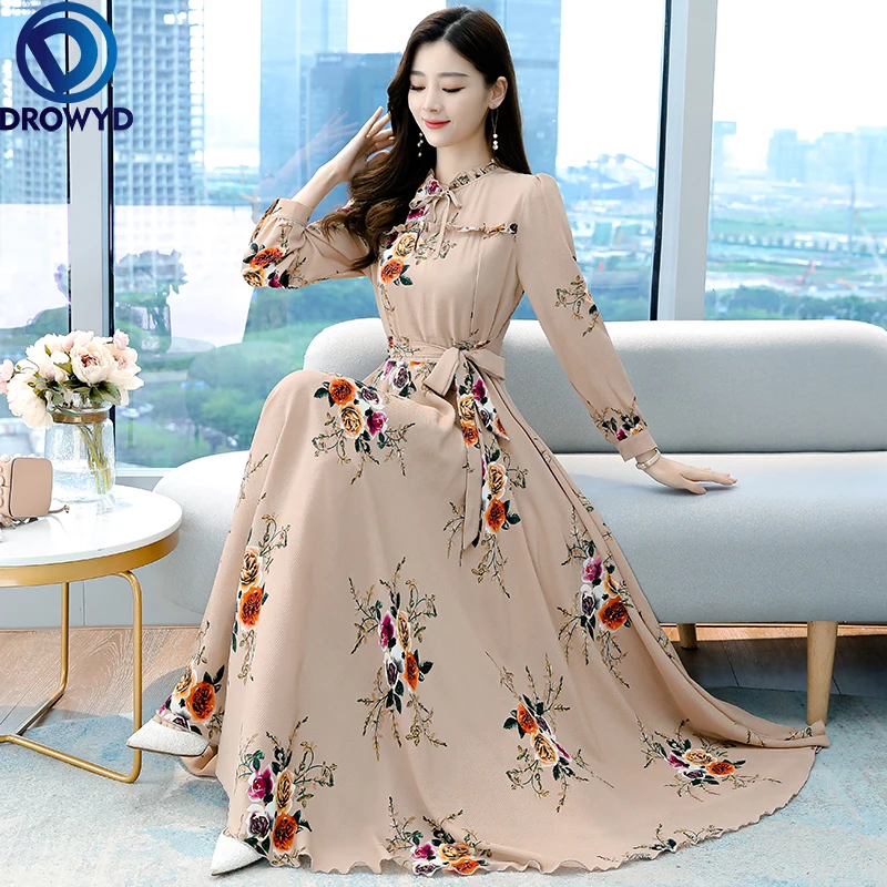 Women's Elegant Vintage Khaki Long-sleeve Dress 2021 Summer Floral Hollow Out Chiffon Long Evening Party Maxi Dresses Vestidos