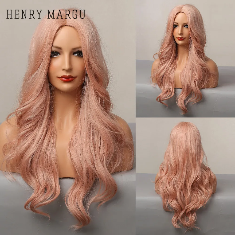 

HENRY MARGU Long Wavy Black Pink Ombre Synthetic Hair Wig for Women Afro Cosplay Lolita Daily Wig Middle Part Heat Resistant Wig