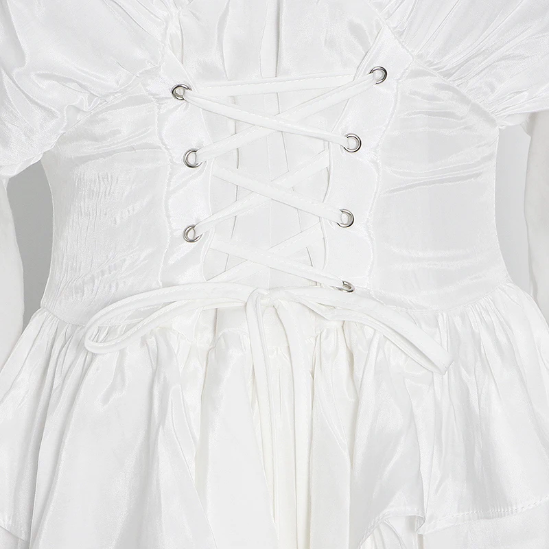 

VGH Print Dress For Women V Neck Flare Long Sleeve High Waist Ruched Patchwork Ruffles Designer Dresses Female 2021 Fall Clothes