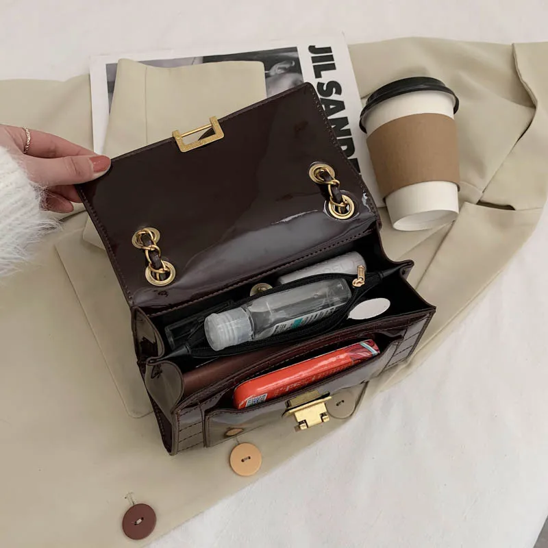 

Fashion Lacquered Leather Shoulder Bag Luxury Women Design Chain Plaid Messenger Bag Female Small Lattice Pleated Crossbody Bag