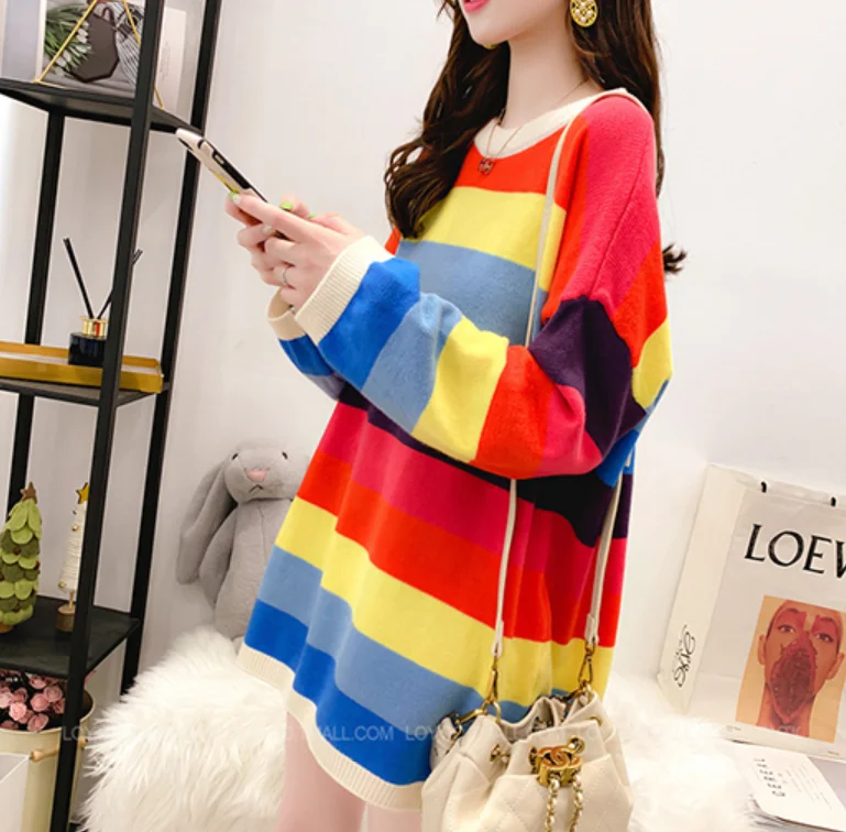 Трикотажный свитер с радужным покрытием для зимы 2020 женский милый полосатый