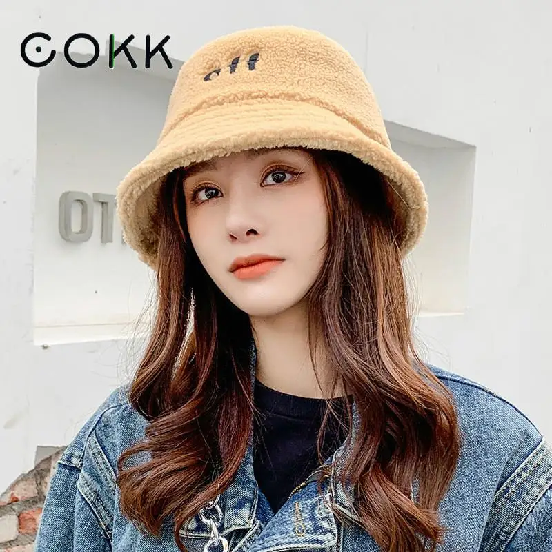 

COKK Bucket Hat Women Winter Cashmere Fisherman Cap Solid Color Korean Letter Embroidered Fashion Flat Bob Thick Warm New