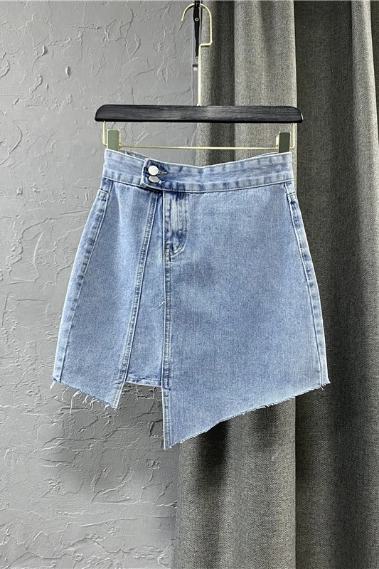 

Jeans Skirt for Women High Waist A- Line Elastic Casual Denim Mini Skirt 2021 Summer New Slim Asymmetric One-Step Skirts Girls