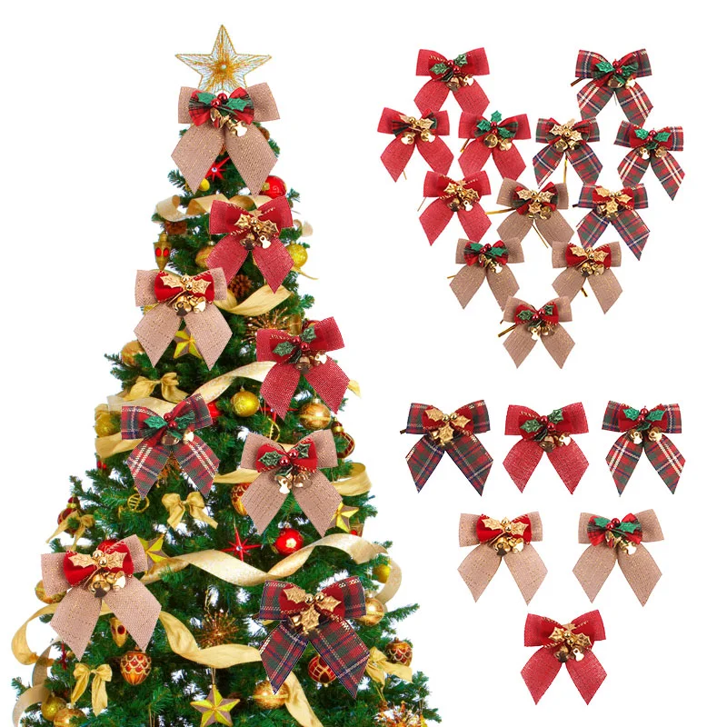 

New Year Navidad 2022 Christmas Bows with Jingle Bells DIY Xmas Tree Pendant Decorations Bowknots Wreath Hanging Bows for Craft