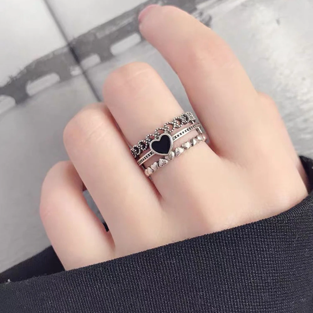 

Simple Love Ring Fashion Three-layer Retro Opening Hollow Joint Rings Punk Women's Hand Ornament Jewelry Gift