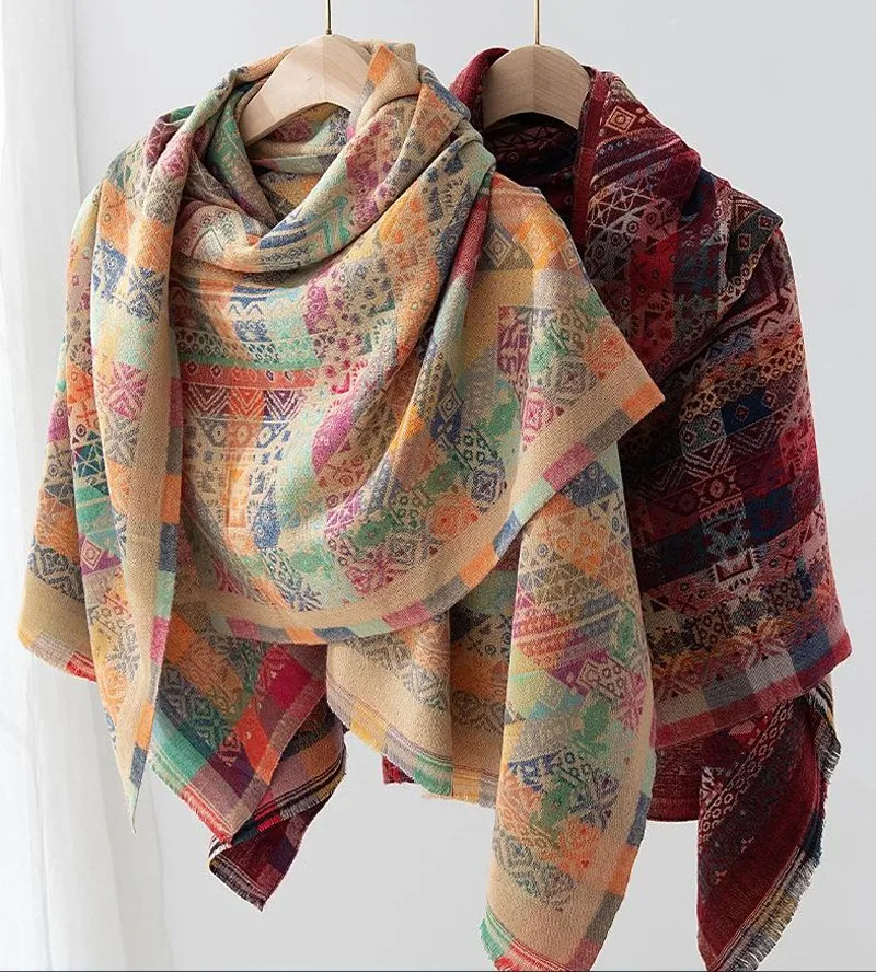 

New Women Winter Thick Warm Cashmere Pashmina Scarves Ethnic Retro Jacquard Shawl Thick Blanket Fashion Female Pashmina Hijab