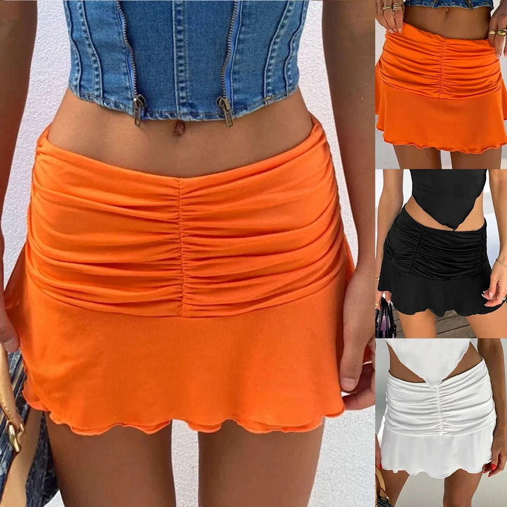 

Women Casual Pleated Hem Skirt, Solid Color Elastic Waist Short Skirt, Black/ White/ Orange Young Style Skirt