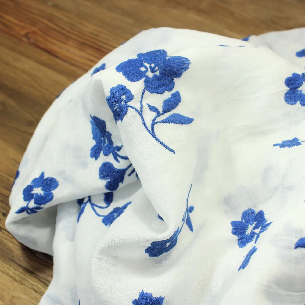

one meter High quality ramie tissu Sapphire blue flower embroidery sewing Cheongsam dress gown fabric