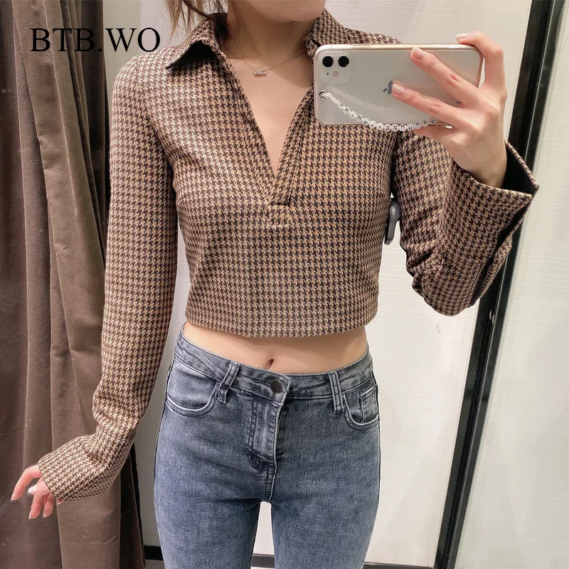

BTB.WO Za Blouse Women Fashion Houndstooth Print Short Shirt Turn-down Collar Long Sleeve Blouses Female Chic Shirts Blusas Tops