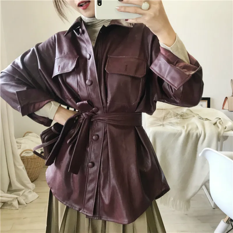 Винтажные женские кожаные куртки с высокой талией однобортное пальто из