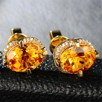 women luxury oval yellow gold color jewelry studs earrings synthetic gem
