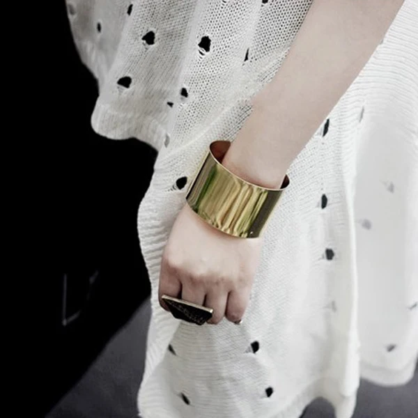 1 пара панк Ro зеркальный золотой цвет сплав широкий металлический браслет