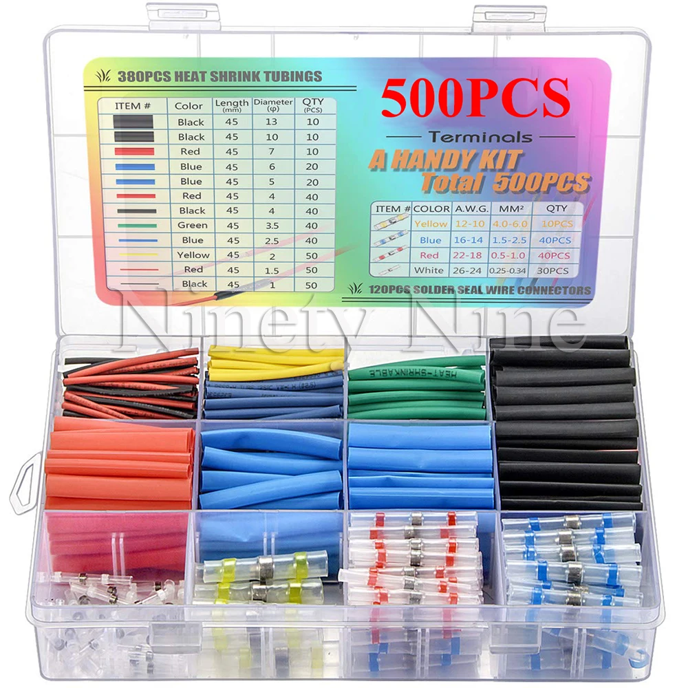 

500PCS Solder Seal Wire Connectors & Heat Shrink Tubings Insulated Waterproof Electrical Butt Terminals & Shrink Tubes with Case