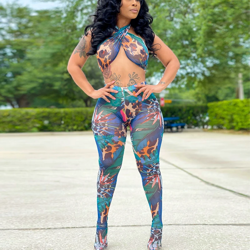 

Костюм из двух предметов с абстрактным сетчатым принтом, летний комплект для вечеринки, Укороченный бюстгальтер с лямкой на шее и узкие брю...