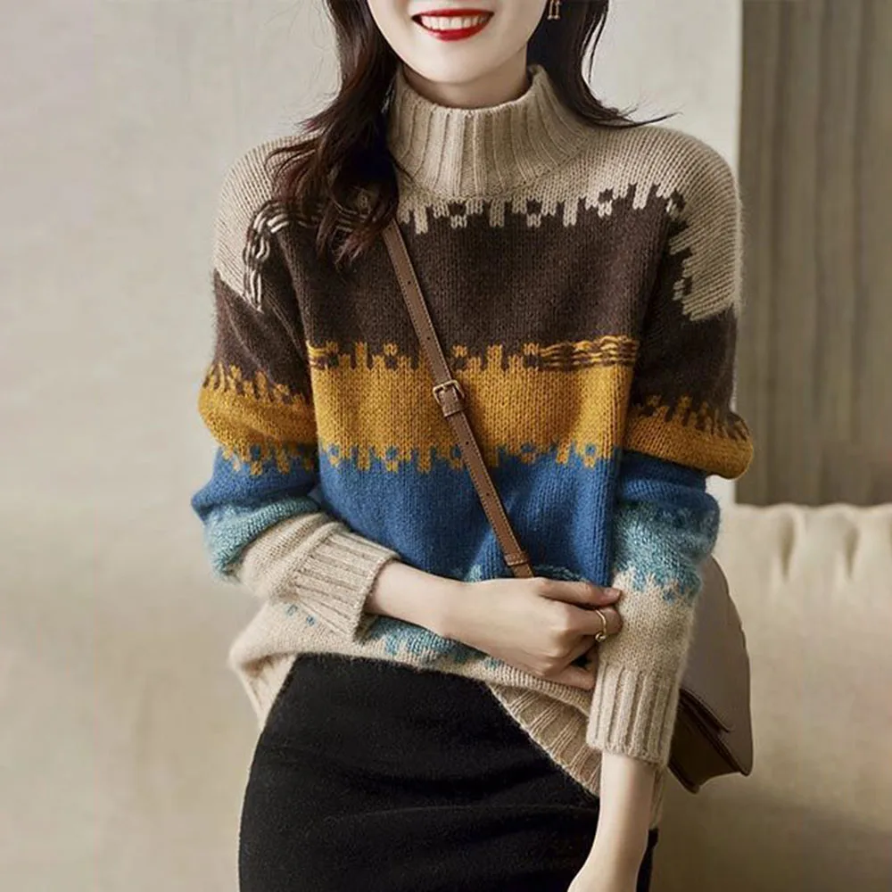 

Sweater Women Knitted Pullover Autumn Winter Turtleneck New Style Rainbow Stripes Temperament Ladies Clothes Female Loose Top