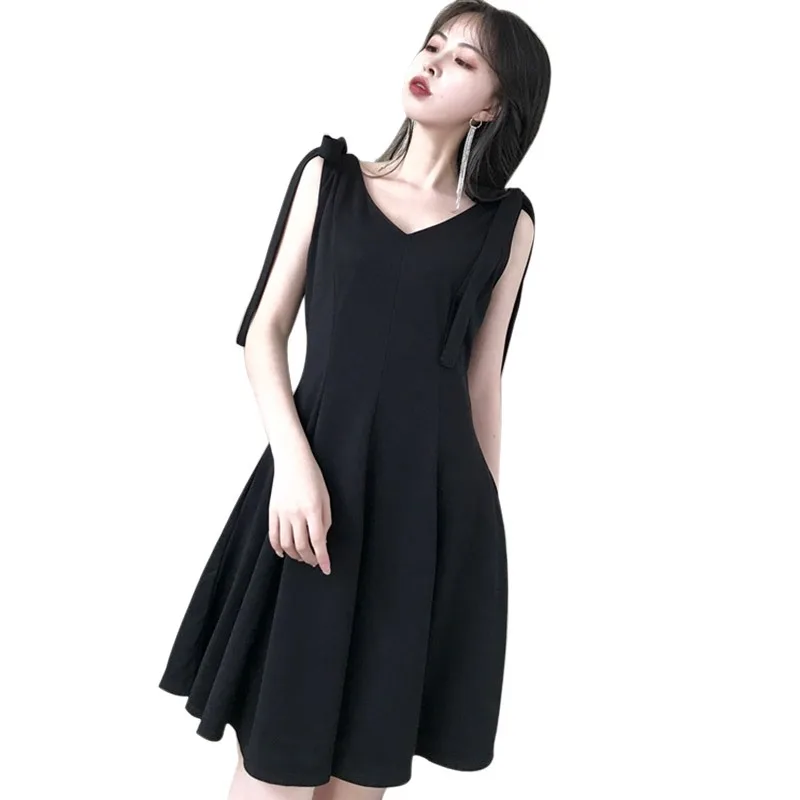 

Women's Fashion Solid Color Lace Up Dresses V-Neck Sleeveless Elastic Waist A-Line Dress