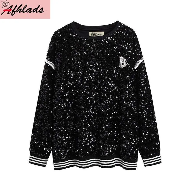 

Streetwear Sequined Casual Women Loose Korean Plus Size T-Shirt 2021 Spring And Autumn Black Striped Oversized Hip Hop Tops
