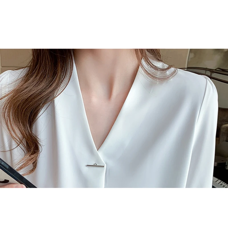 

New Spring Women Half Sleeves Chiffon Blouse Career V Necks Shirts Elegant Shirts Tops Blue White Fall High Quality T16603X