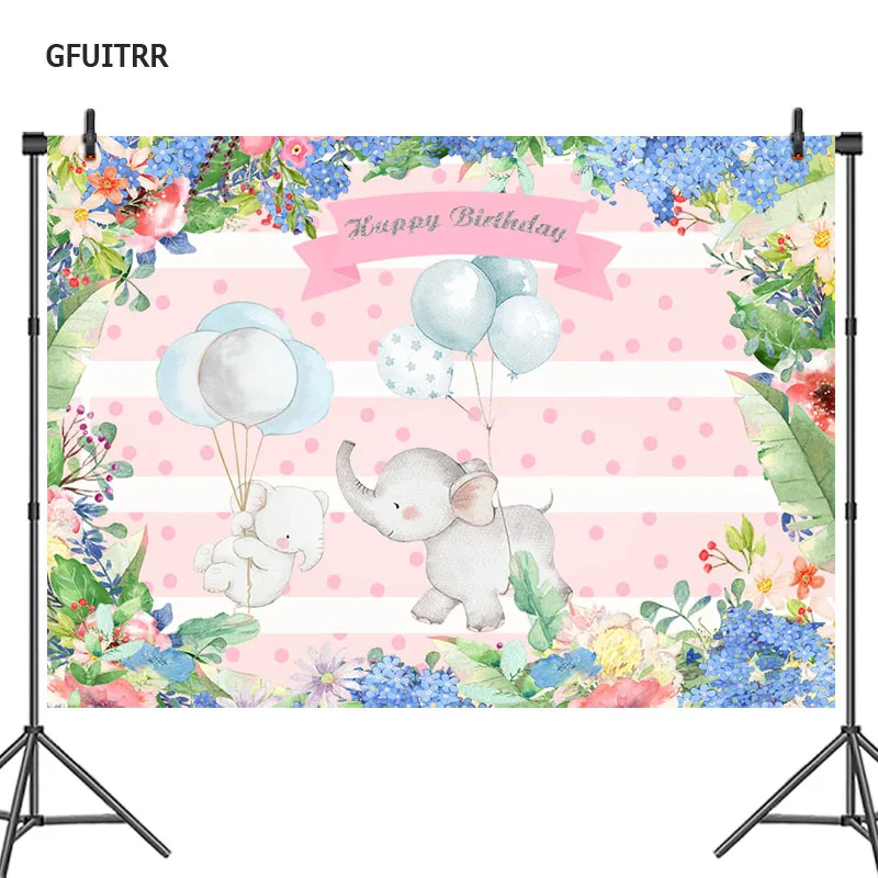 Красивый забавный фон с слоником для фотосъемки на детских днях рождениях и праздниках с цветами розового цвета из винила.