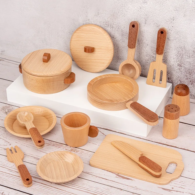 

Children's Log Wooden Kitchen Toy Set Pretend Play Simulation Kitchenware Miniature Mini Food Educational Toys Gift For Kids