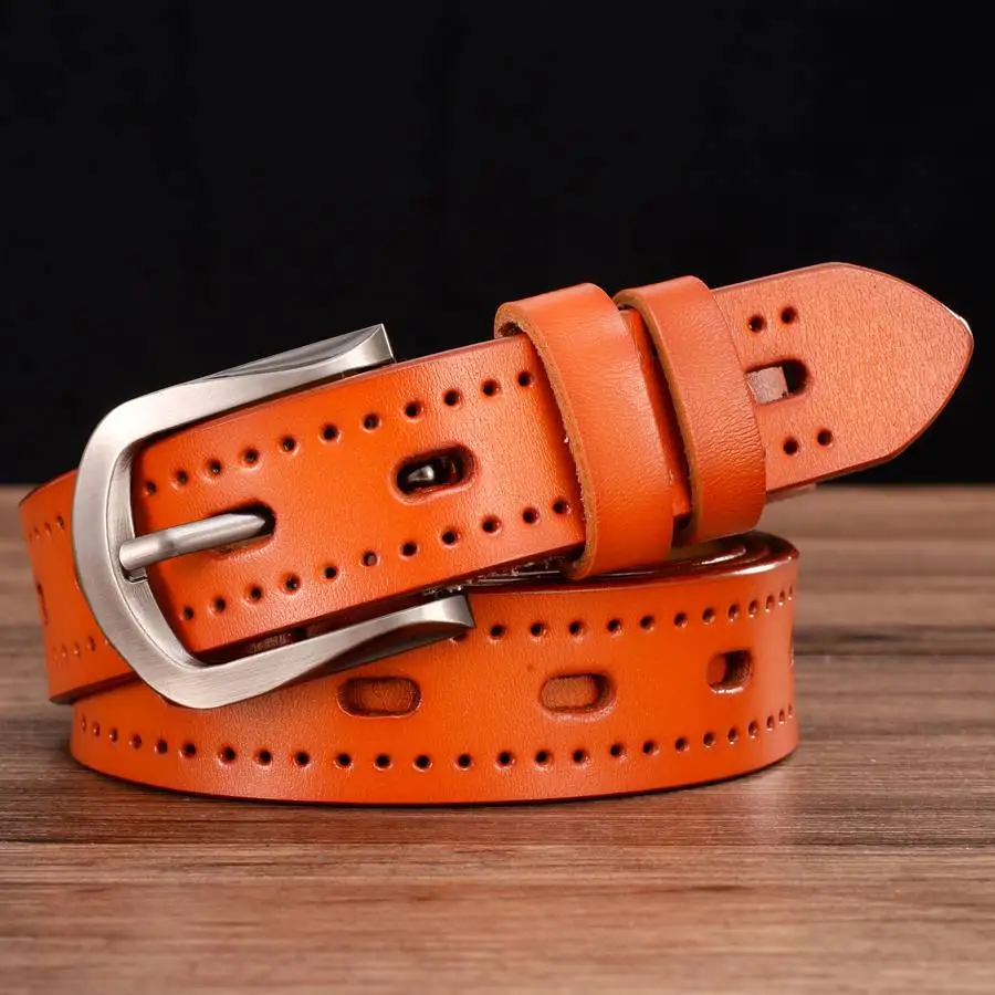Women's Leather Belt Female Strap Waistband Hollow Out Belt Pin Buckle Length:70-110cm Black\Red\Coffee\Orange