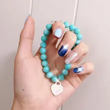 Hot Sale 1:1 LOGO Real925 Natural 8mm Blue Turquoise Heart Shaped TIF Bracelet Ladies Luxury Jewelry Fashion Brand Party Gift