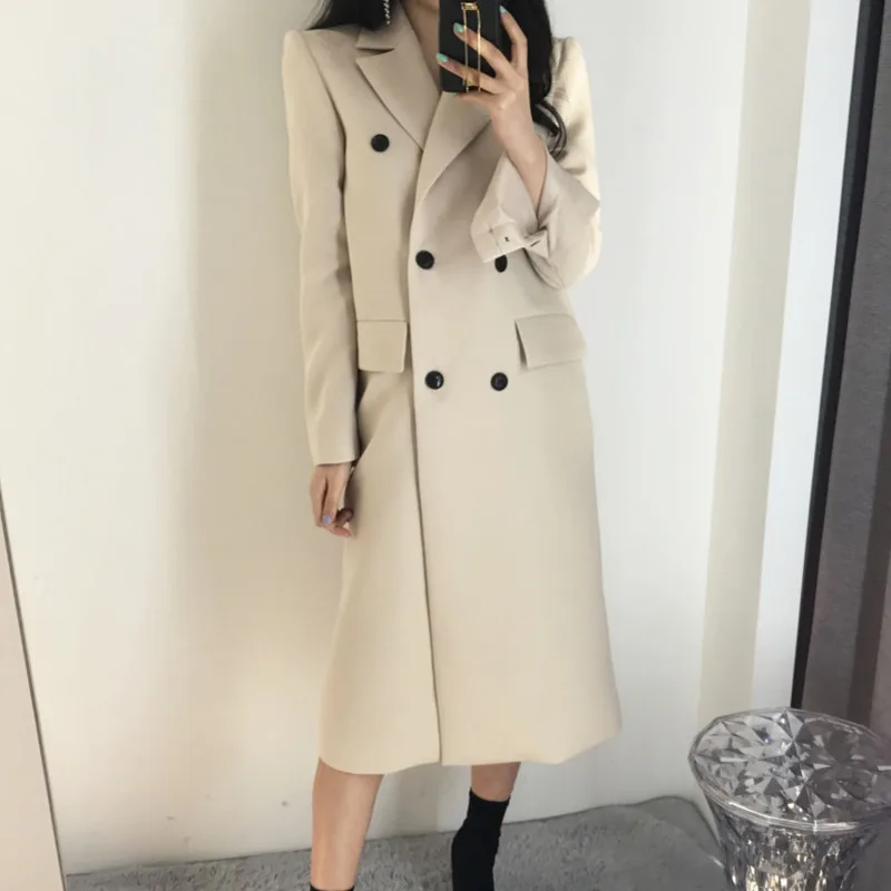 Новый осенний Длинный блейзер для женщин элегантное модное пальто на пуговицах с