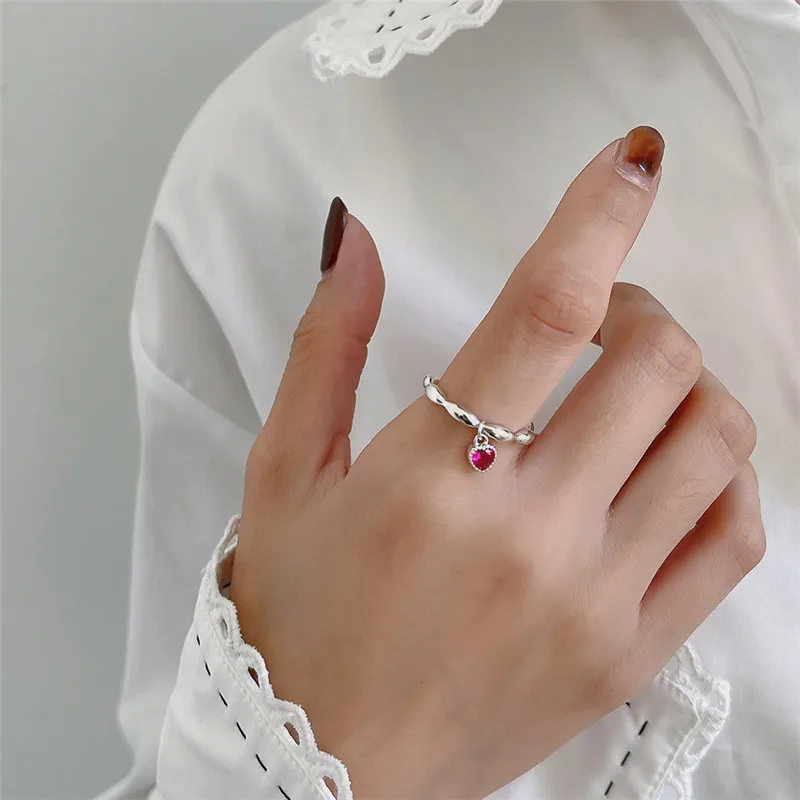 

French Style 925 Sterling Silver Rose Red Heart Bead Ring for Women Girl Geometric Open Adjustable Rings Statement Jewelry