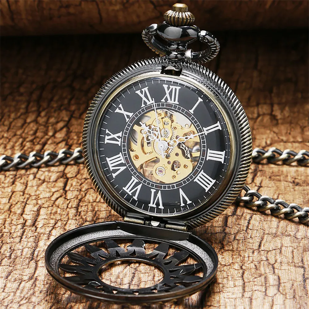 Hollow Sun Pattern Bronze/Gold/Black Mechanical Hand Winding Pocket Watch Male Pendant Clock Exquisite Antique Timepiece Gifts