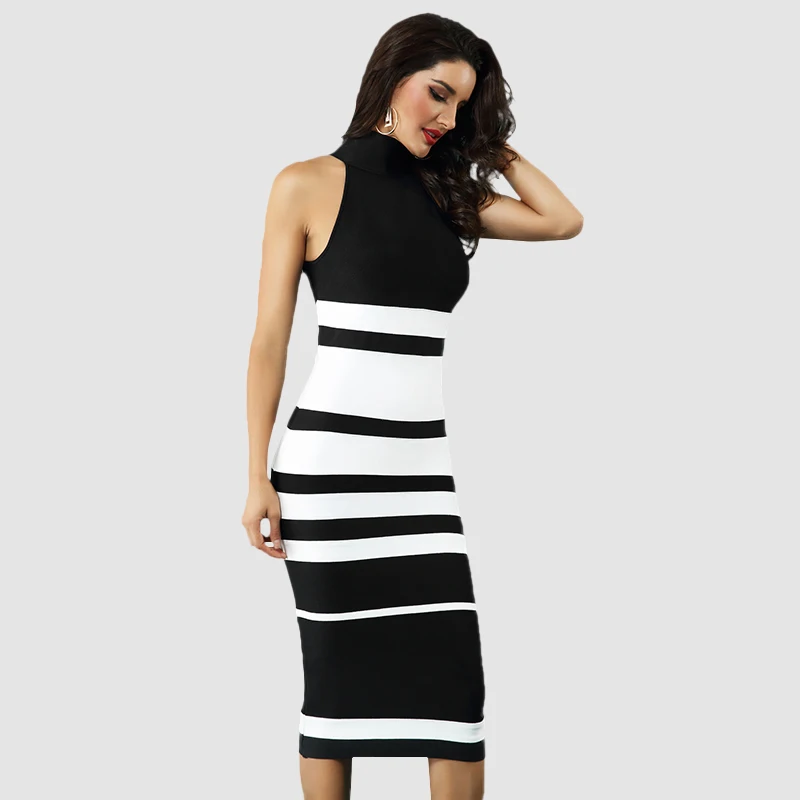 

Sesidy 2021 New Summer Women Striped Bodycon Bandage Dress Sexy Sleeveless Tank Celebrity Evening Runway Party Dress