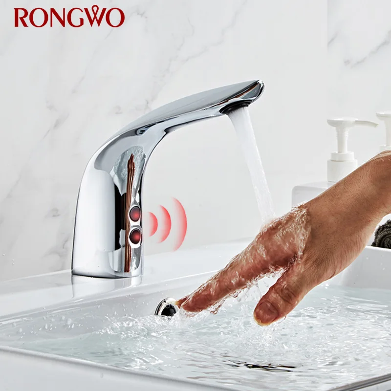 

RONGWO Bathroom Automatic Infrared Sink Tap Hands Free Touchless Sensor Tap Hot Cold Mixer Water Saving Inductive Basin Faucet