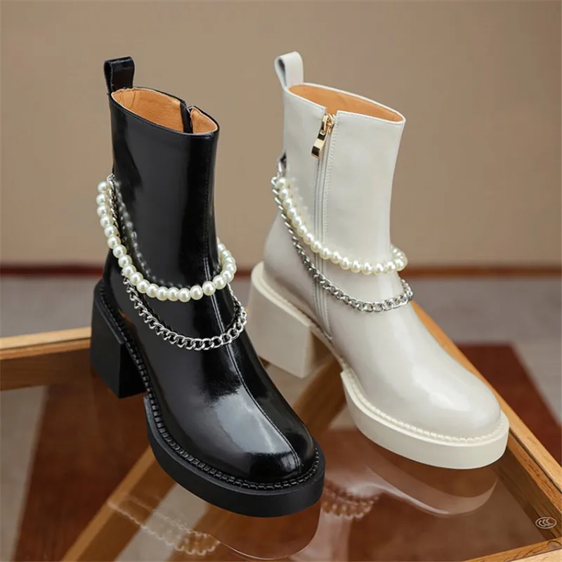 

New 2021 Winter Fashion Women Boots Patent Leather Short Boots Round Toe Thick Heel Pearl Chain Handmade High-heeled Women Shoes