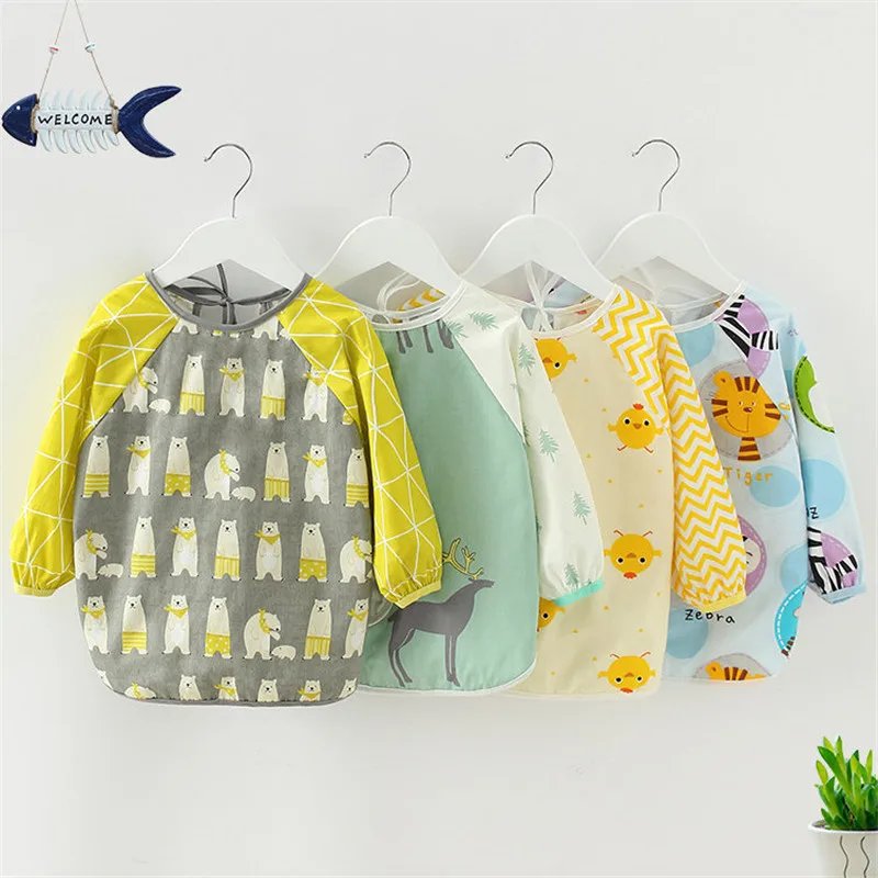 Cartoon Long Sleeve Baby Bibs Cotton Waterproof Reversible Bandana Children Eating Drawing Apron Feeding Burp Cloth | Детская одежда и