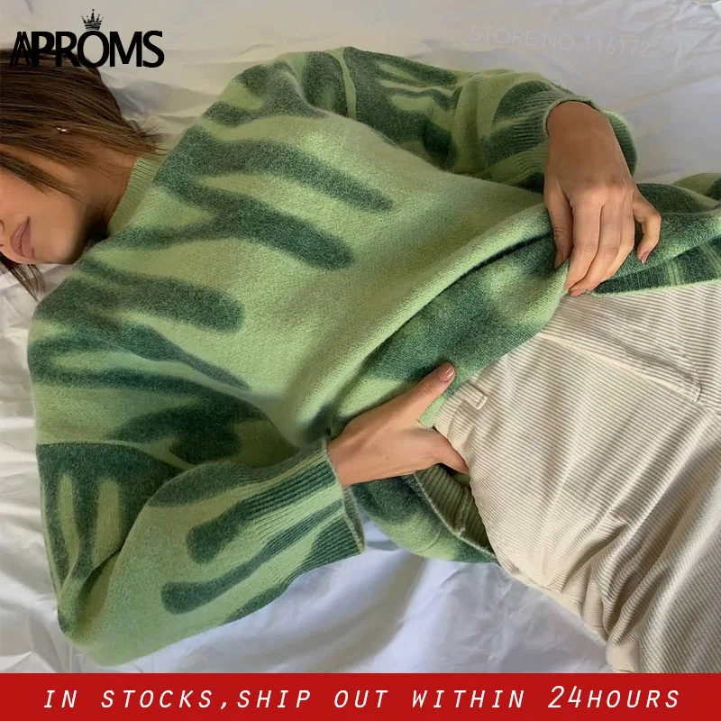 

s Elegant Green Striped Oversized Print Pullover Ladies Winter O-neck Loose Long Sweater Streetwear Warm Jacket 2021