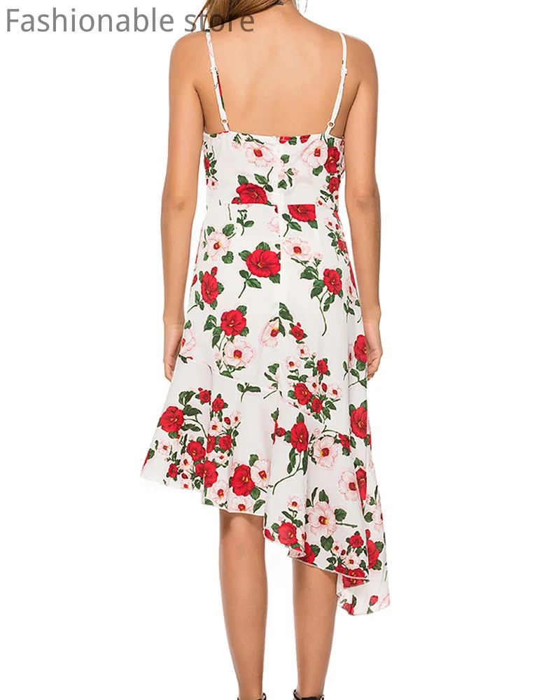

Summer Fashion Floral Print Halter Dress Women Casual V Neck Sleeveless Asymmetry Hem Dress