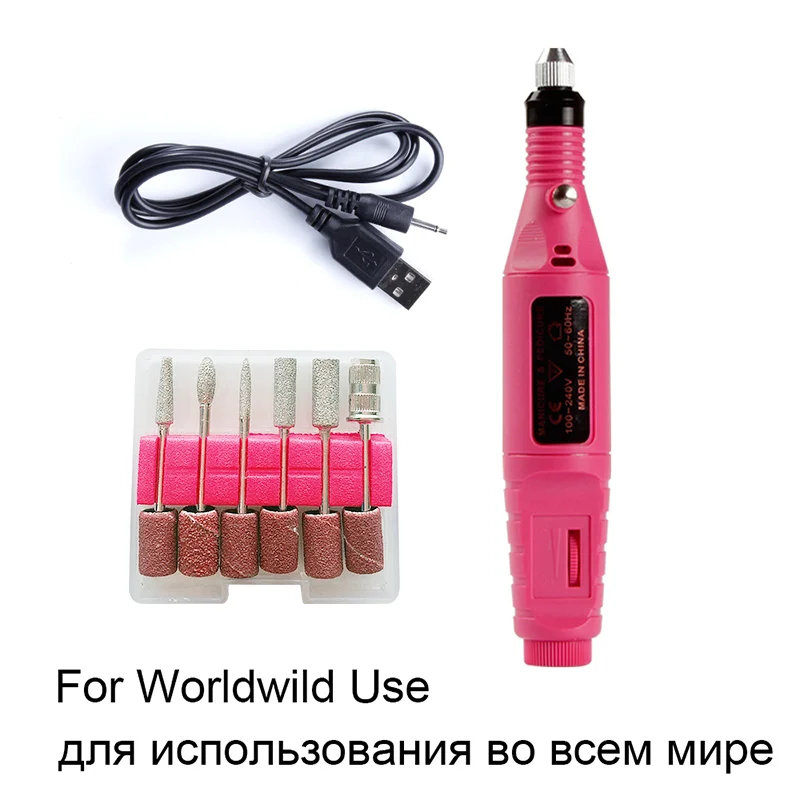 Rose Red USB Электрический фрезерный сверло набор длинный USB провод ногтей сверлильный станок для маникюра дизайн ногтей шлифовальный пилочка для удаления геля Педикюр резак - Цвет: Rose Red USB