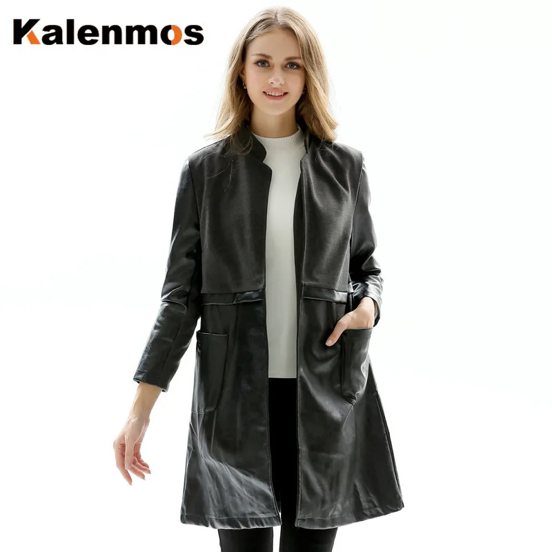 Осеннее пальто из искусственной кожи большого размера женское облегающее