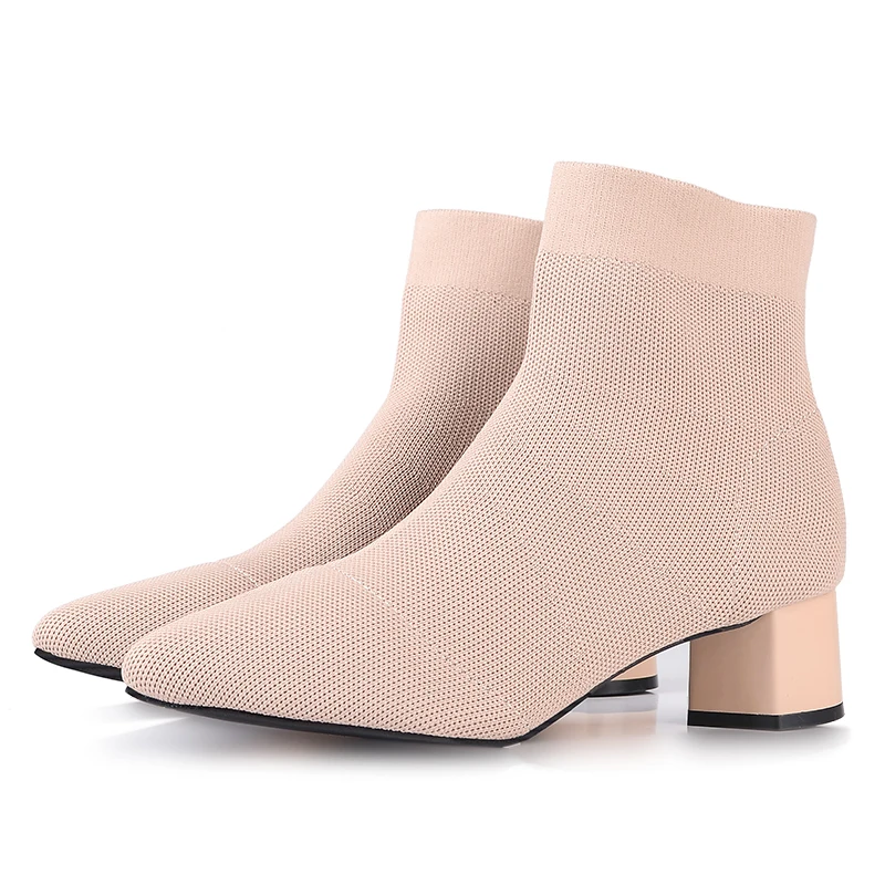 

Black Beige Women Knit Elastic Socks Boots Shoes Elegant Pointed Toe Ankle Boots Women Stretched Fabric Shoes Chunky Heel Boots